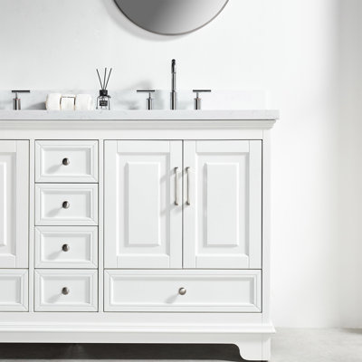 Meuble-lavabo double autoportant de 60 po 60 po, de couleur blanche, entièrement fabriqué, en bois massif, avec mécanisme de fermeture en douceur, plateau en marbre d'ingénierie, armoire à assemblage de style américain, portes et