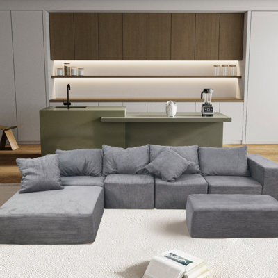 4 Seat Modular Grey Sectional With 2 And Oversized Chaise, Cloud - Style For American Living Room, Velvet Main Material, Medium Firm Seat, Standard 100 By Brushed Corduroy, Shrink , Stain Machine