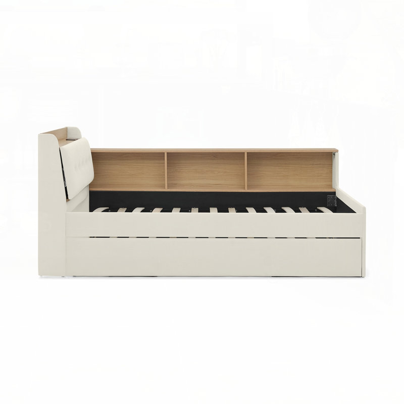 Upholstery Velvet Height Adjustable Day Bed with Trundle Bed Multi-functional Daybed, Beige