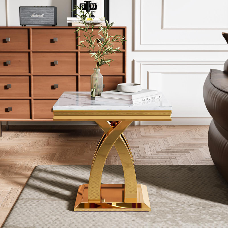 Table d'appoint carrée avec base en X double miroir, Or