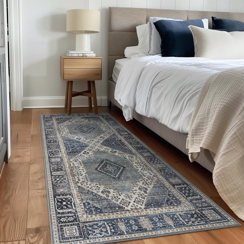 Oriental Machine Washable Blue Area Rug, Runner 60 x 120 cm