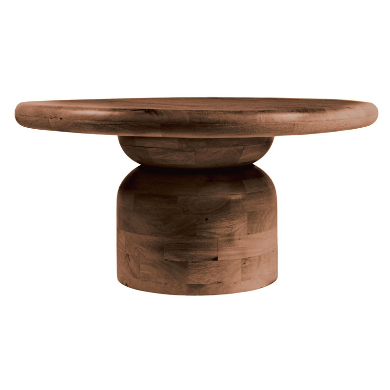 Kashida Round Mango Wood Coffee Table with Stacked End Grain Base, Walnut