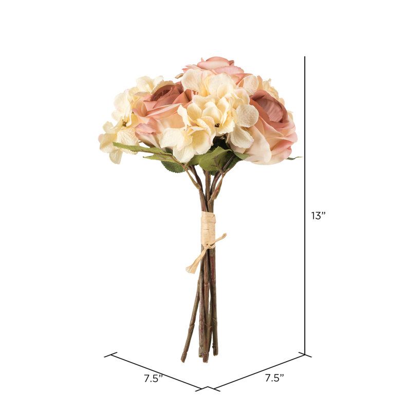 13" Artificial Rose and Hydrangea Bouquet, Cream/Pink