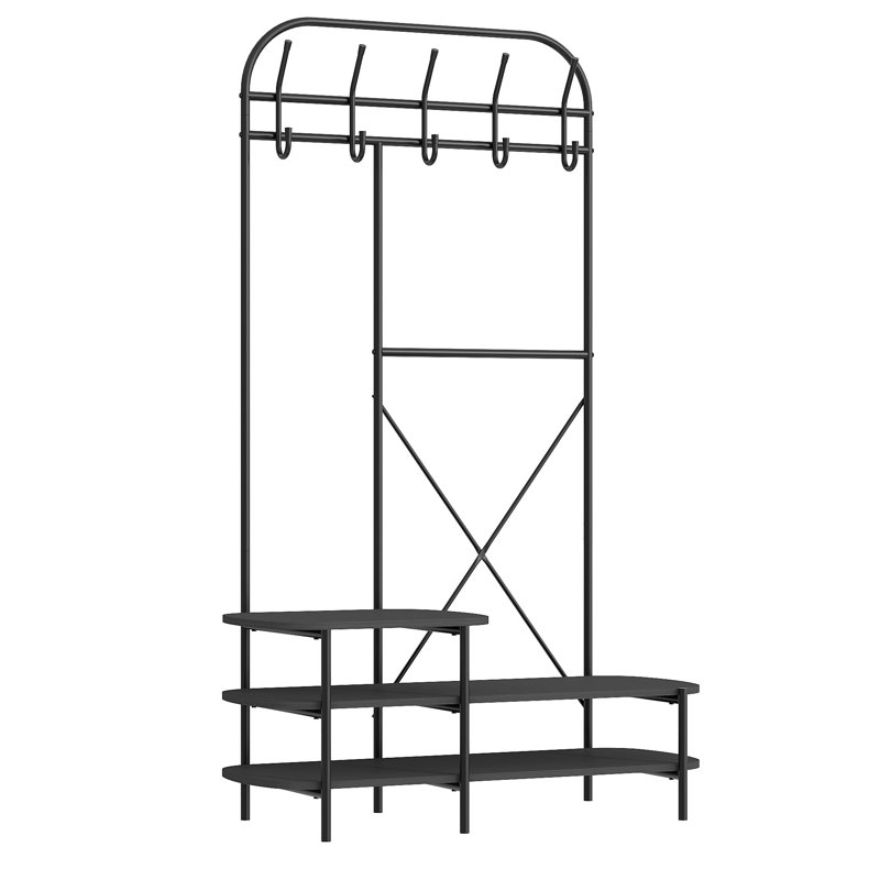 Bruton Industrial Hall Tree with Wood Shelves, Black