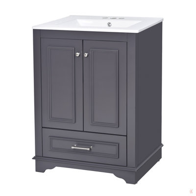 Meuble-lavabo 24 po avec lavabo en céramique, armoire de rangement autoportante moderne avec poignées argentées, portes à fermeture douce