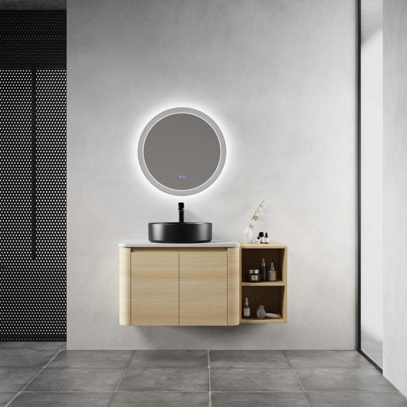 Meuble-lavabo mural 42 po avec lavabo d'art en céramique et 1 tablette de rangement, 2 portes à fermeture douce, emballage KD