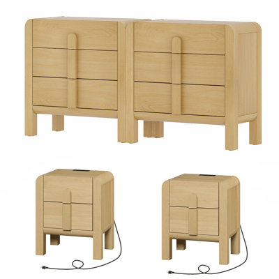 6 Drawer Dresser And Nightstand Set For Bedroom, 4 Pcs Bedroom Set With Curved Profile Design, Wood Chest Of Drawers Mid Century Storage Cabinet Set
