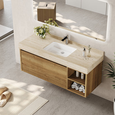 Meuble-lavabo rectangulaire de 48 po avec lavabo simple en céramique, comptoir en pierre frittée, armoire en bois cannelé avec tablettes ouvertes et grand rangement
