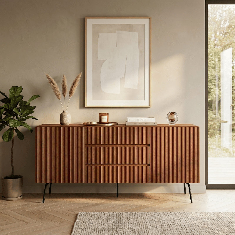 NTC Veil Sideboard with 2 Doors and 3 Drawers, Buffet Cabinet with Vertical Groove Design and Metal Legs, Storage Cabinet for Living Room, and Entryway, Effortless Assembly
