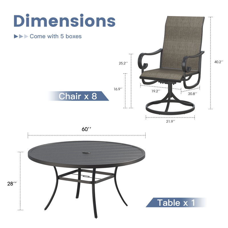 Ensemble de salle à manger rond Hereth de 60 pouces pour patio avec 8 chaises pivotantes en textilène, Noir / taupe
