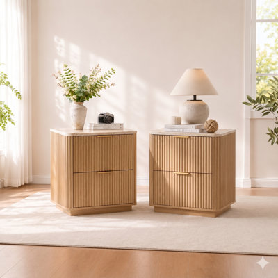 Ensemble de 2 tables de chevet cannelées avec station de charge, table de chevet en bois avec 2 tiroirs, tables de chevet modernes pour la chambre à coucher