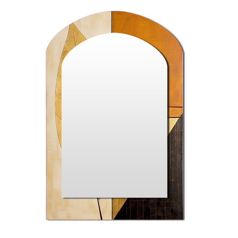 Golden Geometry Leaves Foliage III - Leaves Asymmetrical Mirror, Gold Arch Decorative Wall Mirror, Printed Metal Art
