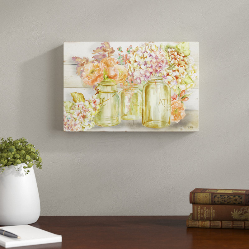 Colorful Flowers In Mason Jar by Tre Sorelle Studios - Wrapped Canvas Print, 25.4cm H x 38.1cm W x 3.8cm D