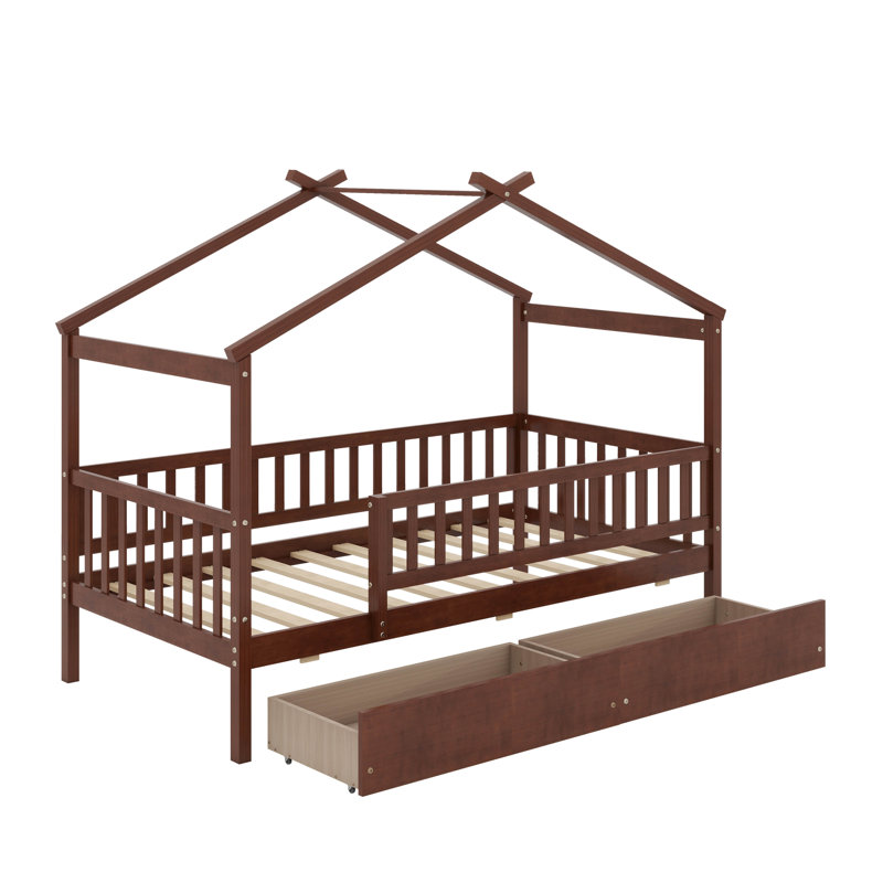 Twin Wooden House Bed With Drawers, Walnut