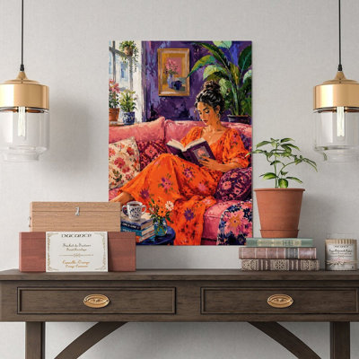Canvas Wall Art Woman Reading Book On Floral Sofa Living Room Art Vintage Poster Print Home Decor