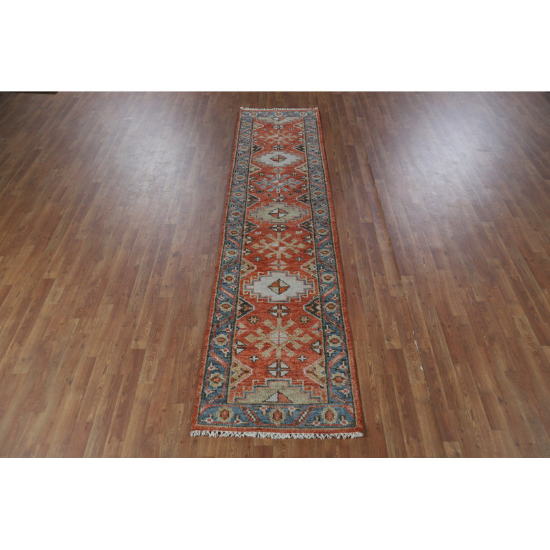 Tapis de couloir indien orange à motif géométrique Oushak 3 x 10
