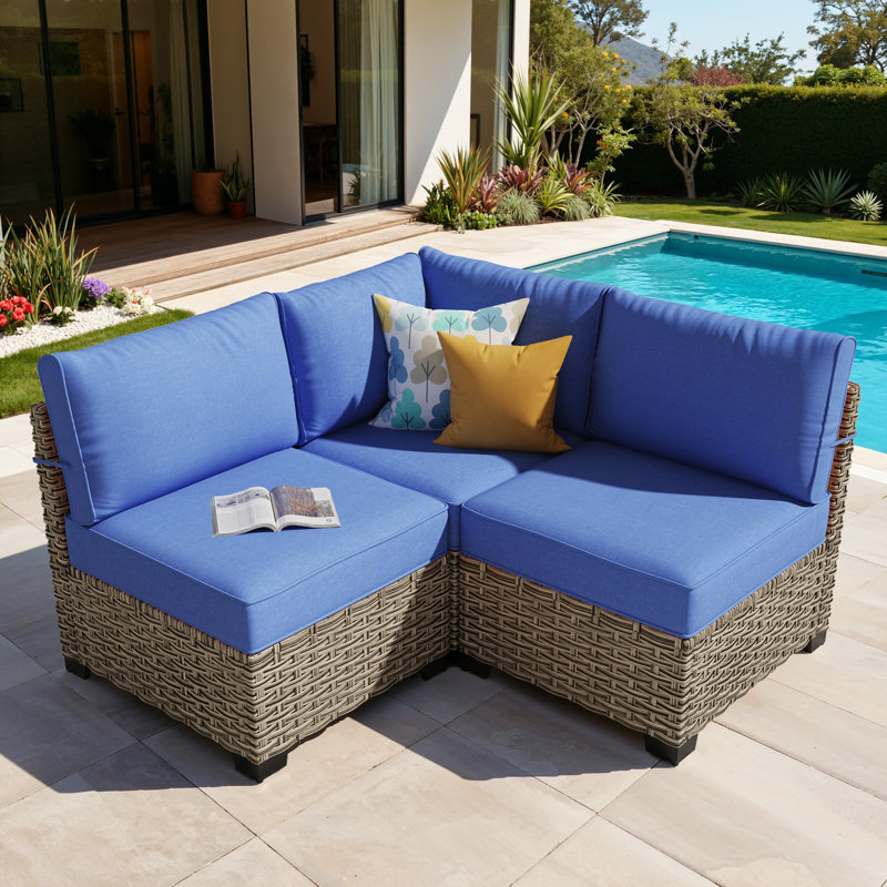 Carolle Outdoor Wicker L-Shaped Patio Sectional Sofa With Cushions, 2-Piece Corner Seating Set, Navy