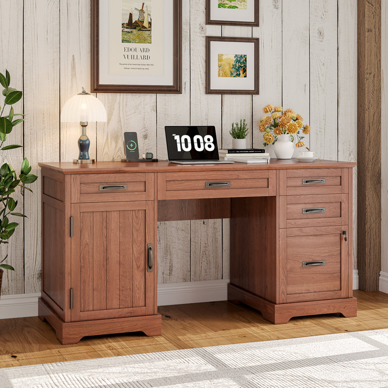 Bureau de direction 55 po avec tiroirs, classeur et prises de courant Clabe, Brun cerisier