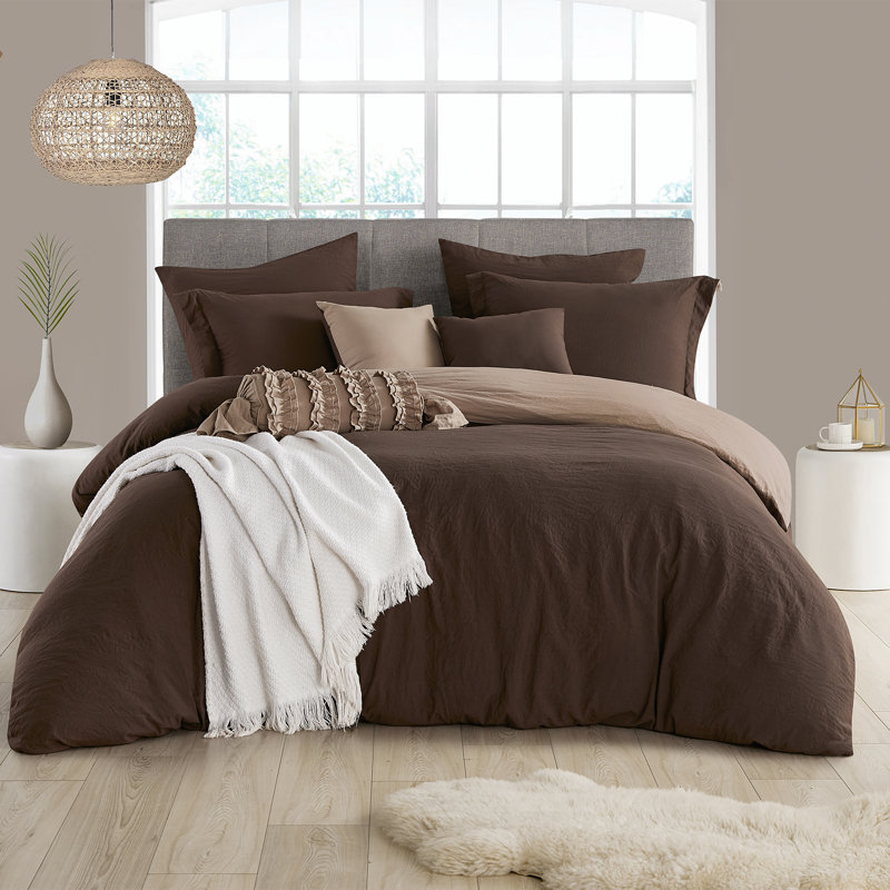 Twin/Twin XL Chocolate and Tan Reversible Microfiber Duvet Cover Set