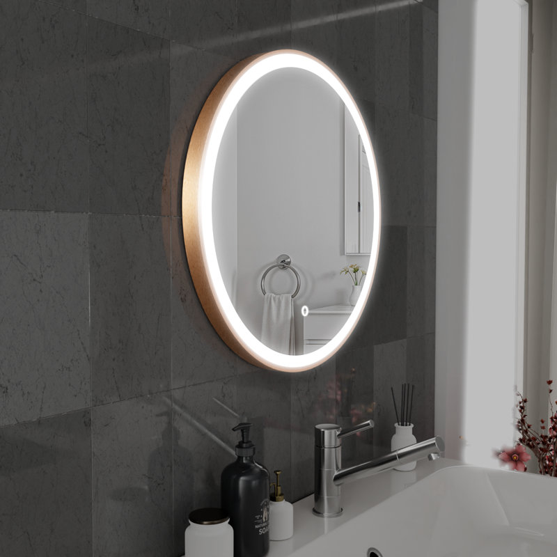 Round LED Bathroom Mirror Fog Free Touch Sensor, Brushed Copper, 60 cm H x 60 cm W