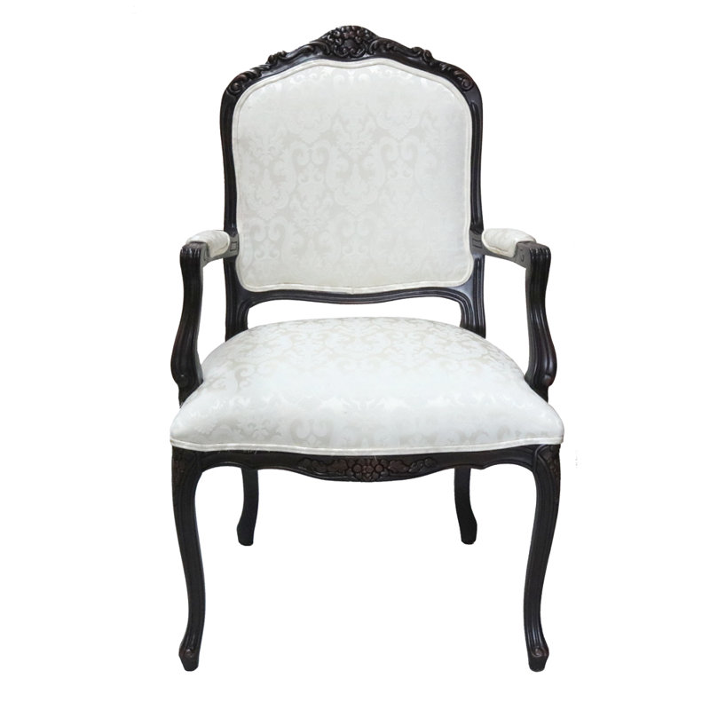 Chaise avec accoudoirs Louis XV, Argent / polyester damassé blanc, Noir