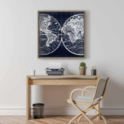 World Map Blue Print - Blue Framed Canvas Home Decor