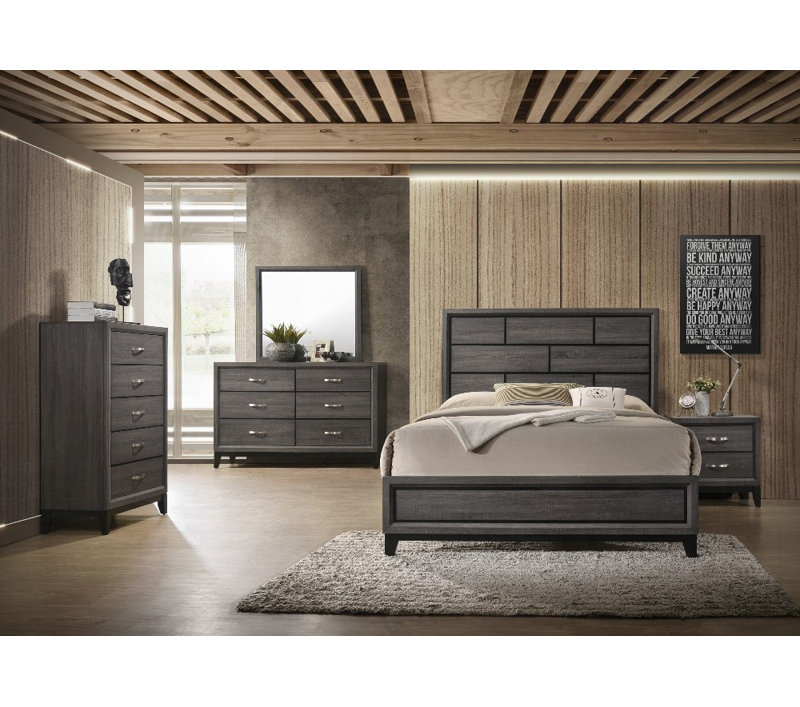 Grand lit à panneau gris à finition grise - aucun sommier nécessaire, fabrication en bois massif!, Queen, Antique Grey/Grey