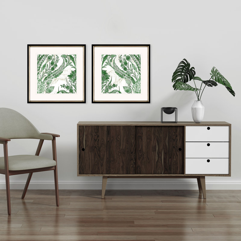 Kelly Ikat Green Floral Geometric Pattern Double-Matted Prints