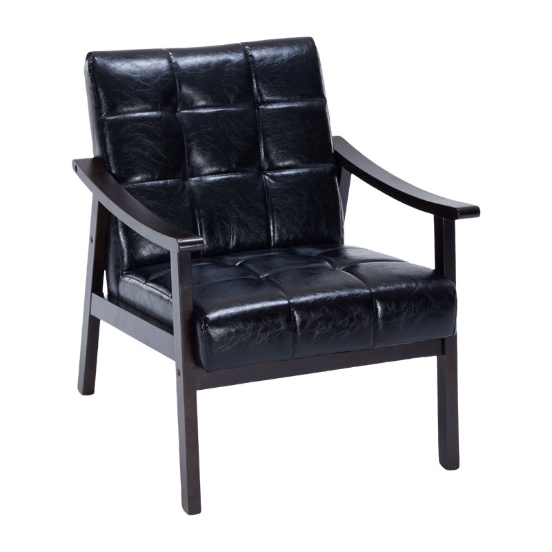 Chaise d'appoint Mid-Century moderne avec structure entièrement en bois massif, fauteuil rembourré avec similicuir capitonné pour salon, chambre à coucher, bureau, coin lecture, similicuir
