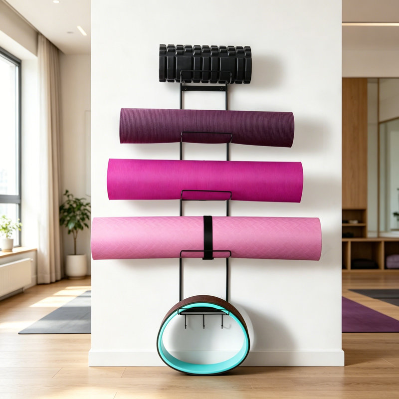 5-Tier Wall Mount Rack for Yoga Mats, Rollers & Blocks with 3 Hooks