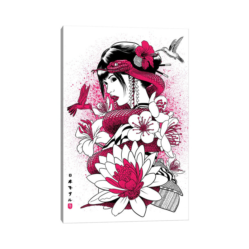 Geisha With Pink Snake by Alberto Perez - Gallery-Wrapped Canvas Giclée on Canvas, No Frame, 20.32 cm H x 30.48 cm W