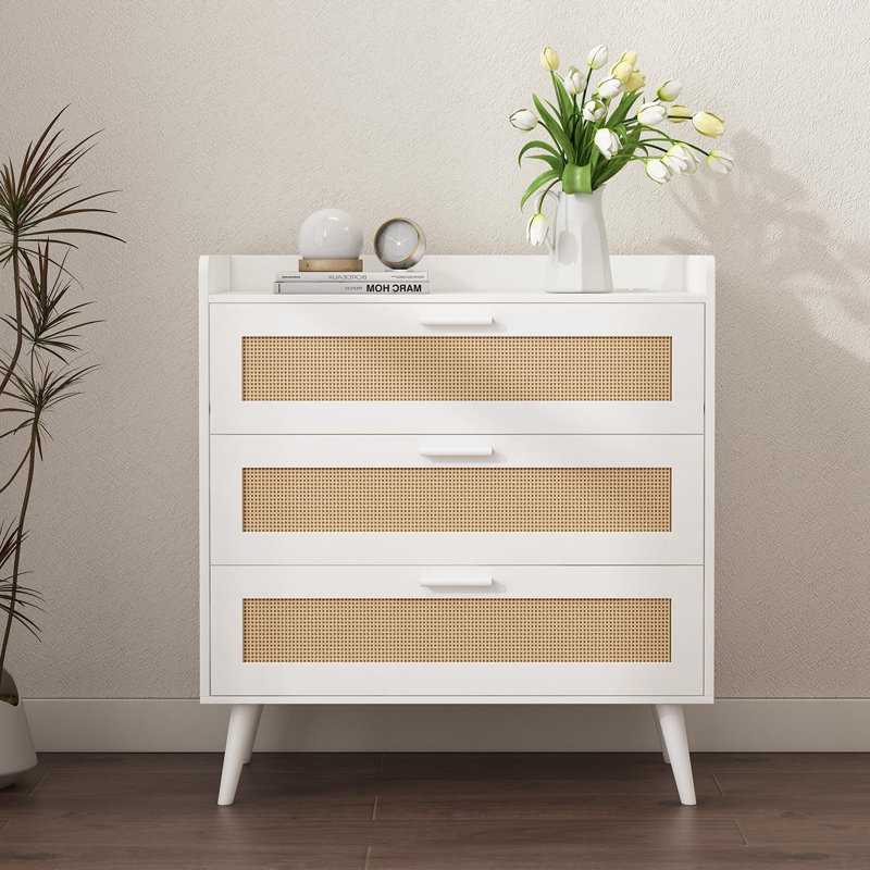 White and Rattan 3-Drawer Chest with Power Outlets