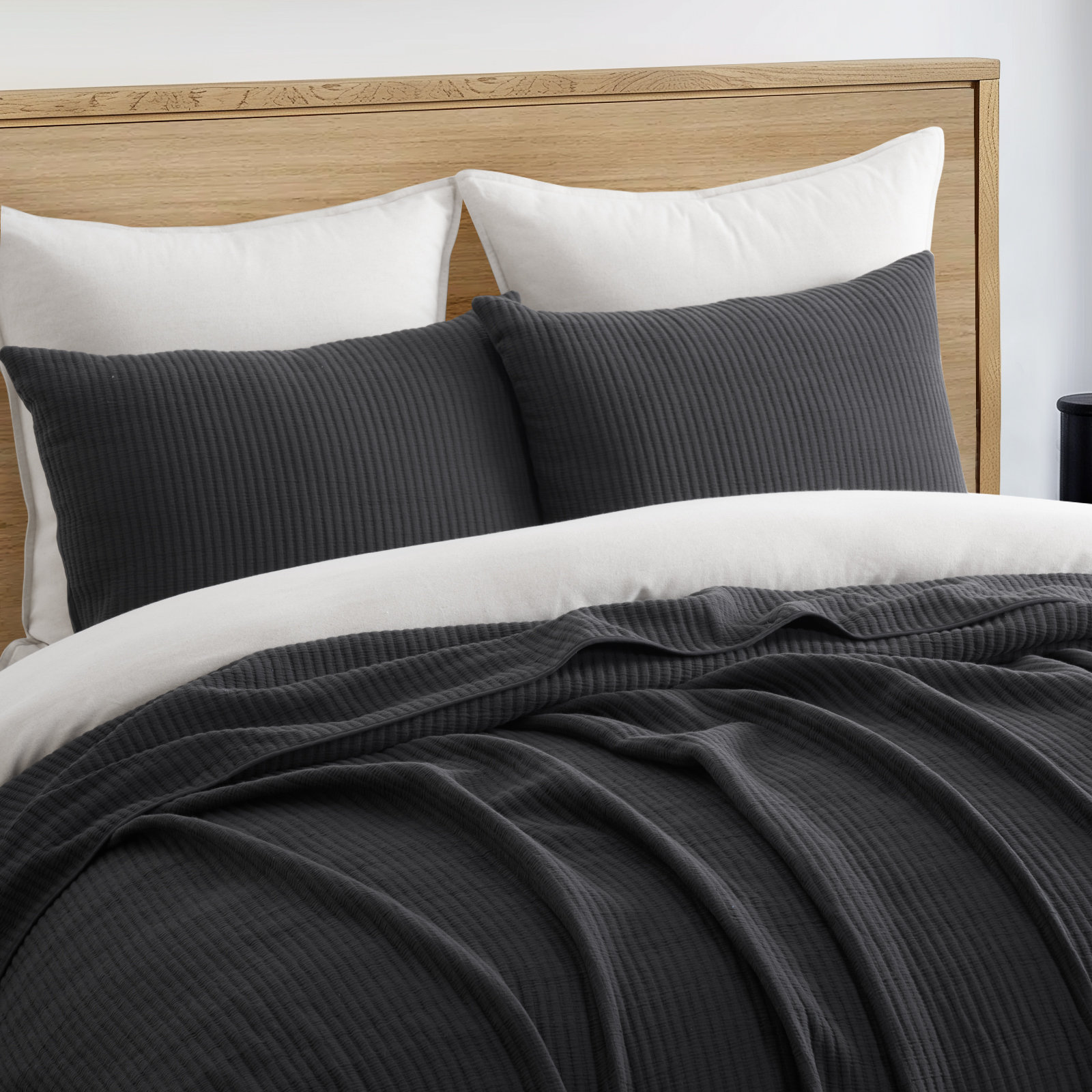Ribbed Cotton Coverlet Set, King Quilt + 2 King Shams, Washed Black