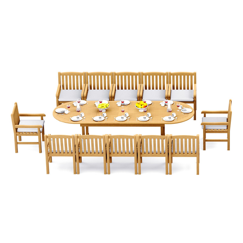 10 Seats 11 Pcs Grade-A Teak Wood Dining Set: 118" Double Extension Mas Oval Trestle Leg Table And 10 Devon Arm Chairs #11DV2710