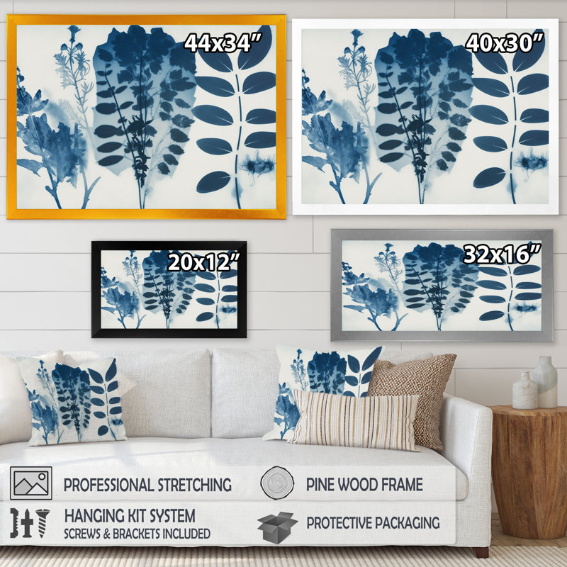 Fleurs sauvages rétro dans les tons de bleu VII - reproduction sur toile, Cadre photo noir, L 20 po x H 12 po