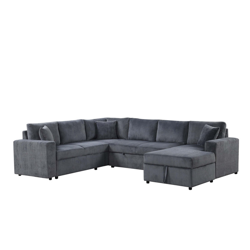 123"W Corduroy Sleeper Sectional Sofa With Right-Facing Storage Chaise And Throw Pillows, Gray Corduroy