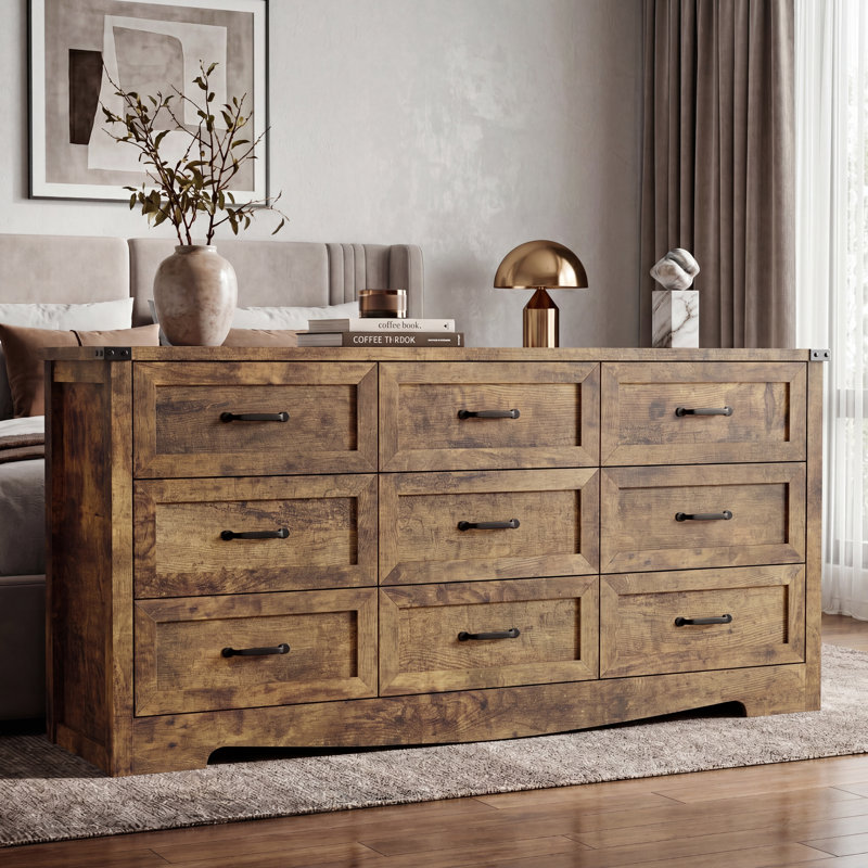 Rustic 9 Drawer Dresser Cabinet ,59''W Modern Table Storge Chest of Drawers Sideboard,Bar Cabinet with Metal Handle Pulls For Dining Room,Living Room,Bedroom