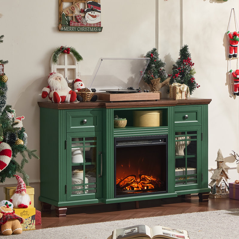 52" Fireplace TV Stand With 18”Silent Electric Fireplace, Farmhouse Entertainment Center For Tvs Up To 65", 2 Drawers TV Console With Glass Door Cabinet, Green Tvs Cabinet For Living Room