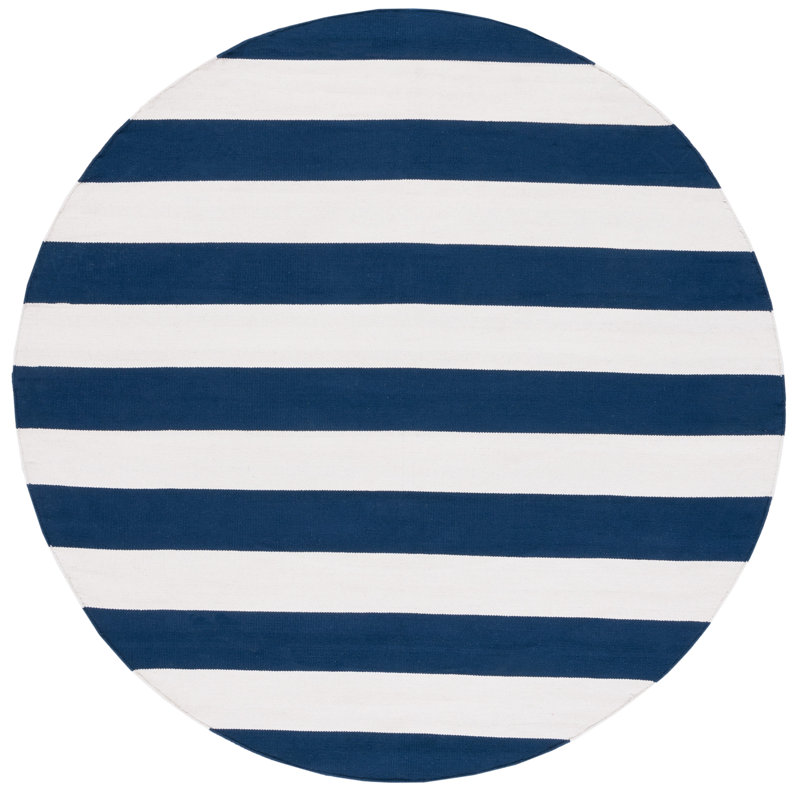 Tapis bleu marine / ivoire rayé tissé à plat à la main Brookvale, Rond 6 pi