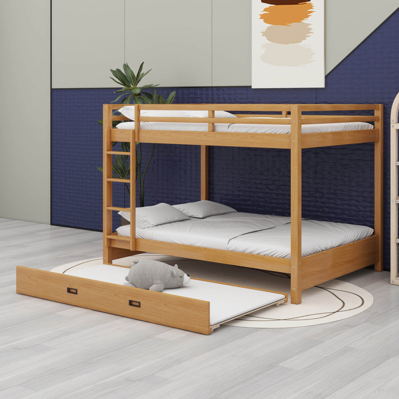 Queen Over Queen Bunk Bed With Trundle, Wood Bunk Beds With Guardrails And Ladders, Wood Color