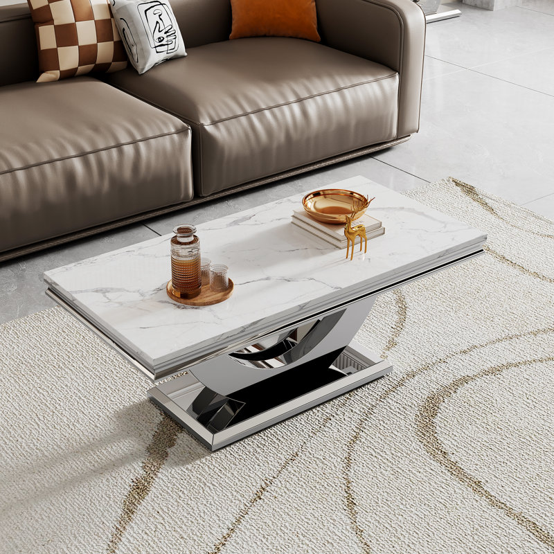 Dijoun Marble Top Single Coffee Table, Silver, White