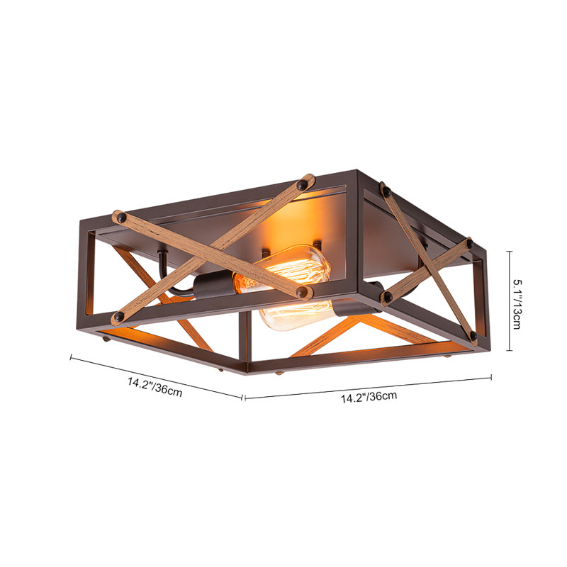 2 - Light Open Cage Square Wood Grain Flush Mount