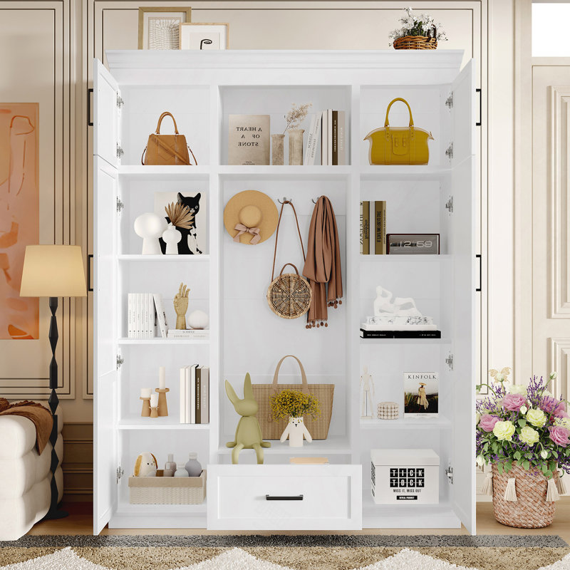 Arbre d'entrée 85,2 po avec banc et 3 crochets, armoire de rangement moderne avec 4 portes, 1 tiroir et tablettes réglables pour le couloir, le vestibule et le salon