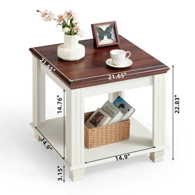 Farmhouse End Table with 2-Tier Storage Shelf, Large Square Side Table with 4 Solid Wood Square Legs, Small Coffee Table for Living Room (White)