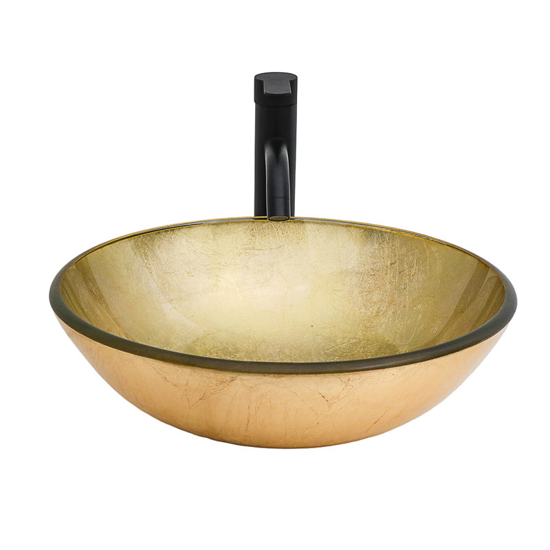 Bathroom Artistic Tempered Glass Vessel Bathroom Sink With Black Faucet And Pop-Up Drain, Gold, Silver