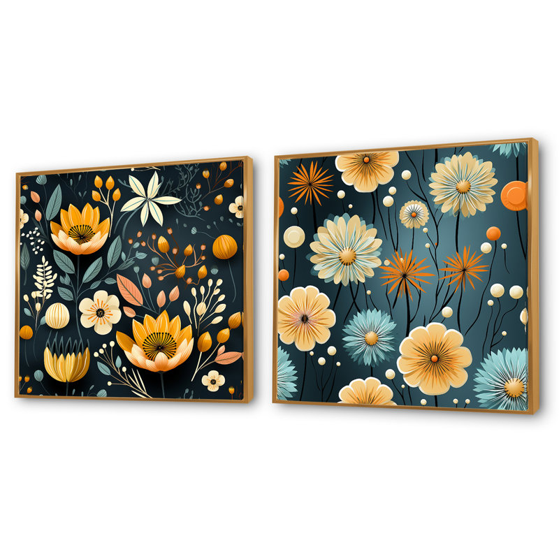 Folger - Ensemble de 2 collages carrés botaniques abstraits, Cadre flottant doré, H 16 po x l 33 po