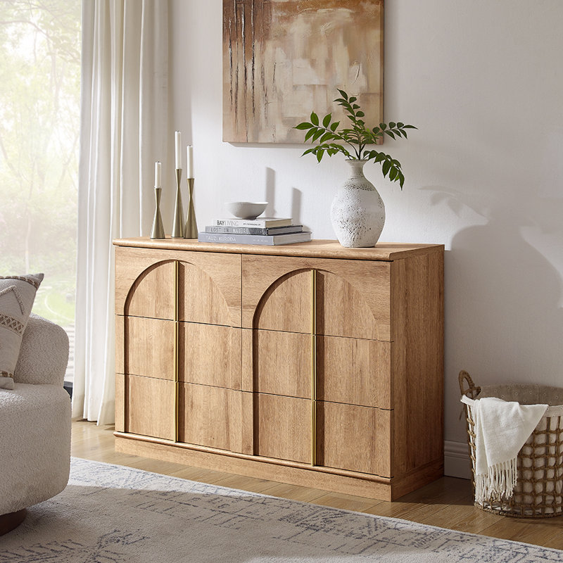 Modern 6 Drawer Dresser, Wood Wide Chest Of Drawers With Arched Style, Tan, Tan