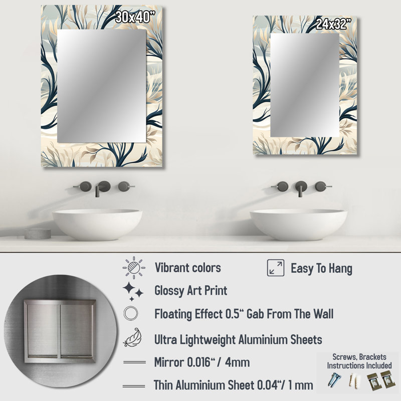 Coletti, paysage d'arbre minimaliste gris - grand miroir floral, décor de miroir mural unique, impression sur métal