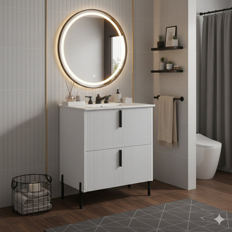 Meuble-lavabo de 30 pouces avec lavabo en céramique et tiroirs à extension complète, glissières de tiroir à fermeture en douceur, détails cannelés, finition blanche
