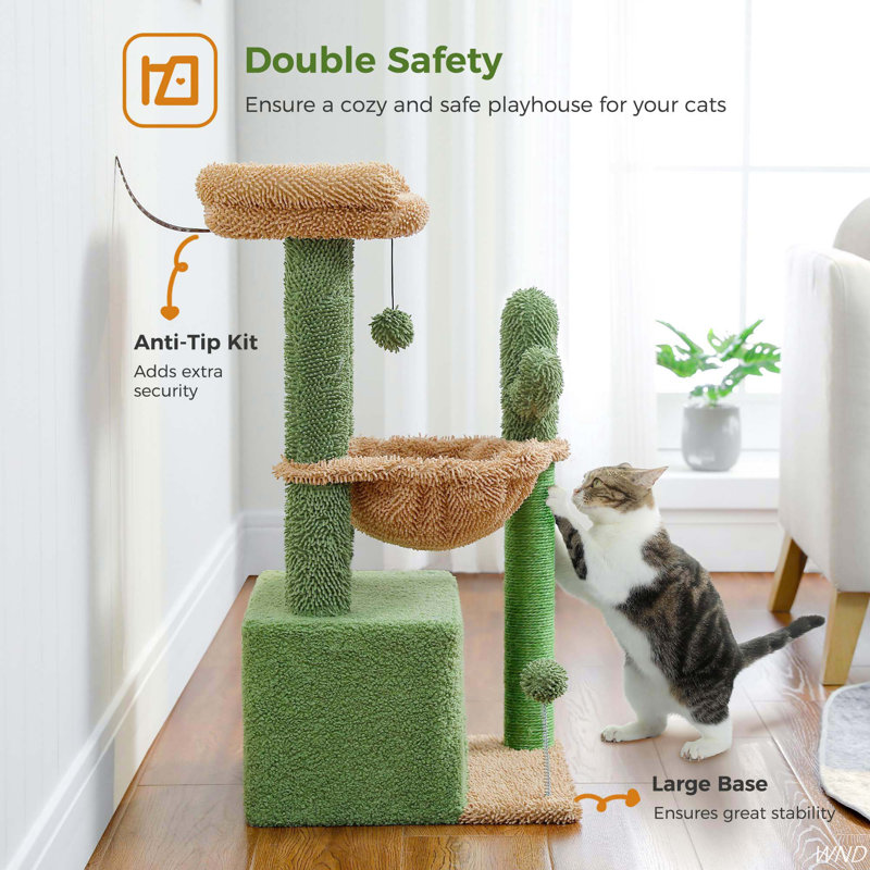 Green and Beige Multi-Level Cat Tower with Hammock and Condo
